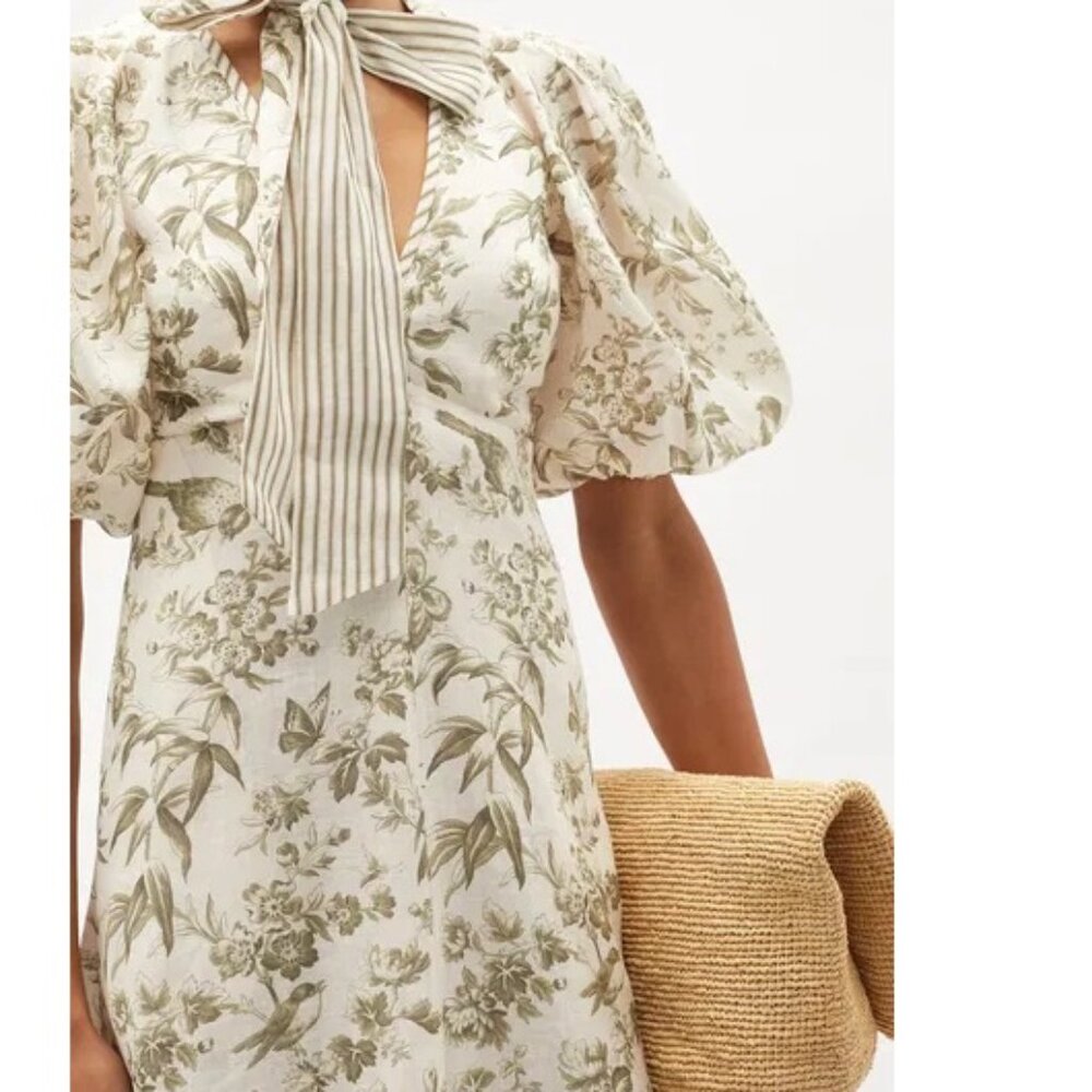 Zimmermann Linen Dress in Bird Toile Print